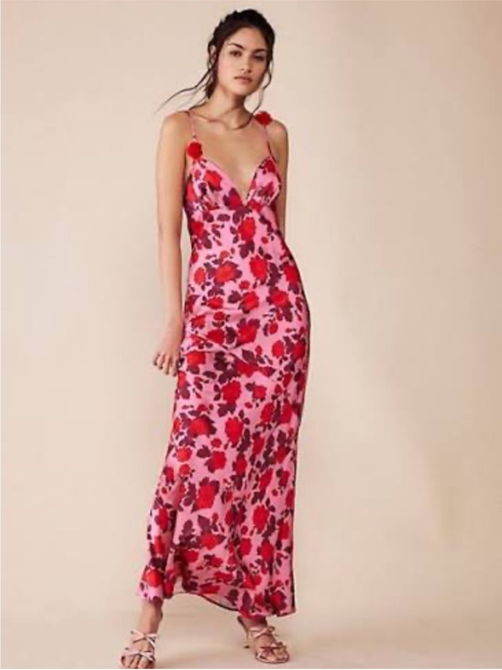 Francesca's Collections Pink & Red Floral Slip Maxi Dress